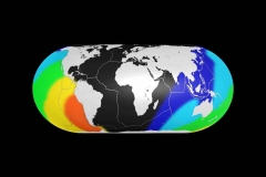 世界地図CG画像上で地震の津波波及の様子を地学的に表現した画像の作例 世界地図CG画像上で地震の津波波及の様子を地学的に表現した画像の作例